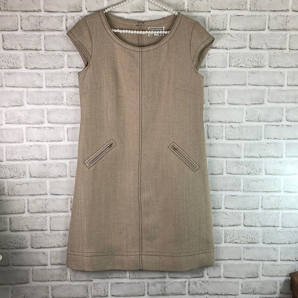 Karin Stevens Dress Cap Sleeve Tan with Zip Pockets Scoop Neck Size 10